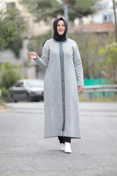 Zey&Ka Butik Large Size Cotonite Pique Printed Long Knitwear Cardigan