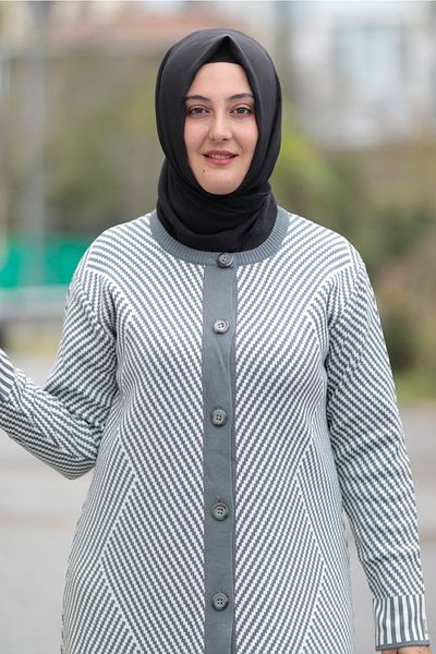 Zey&Ka Butik Large Size Cotonite Pique Printed Long Knitwear Cardigan