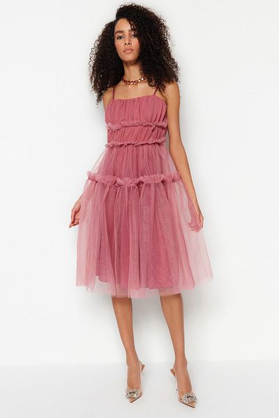 Trendyol Collection Βραδινό φόρεμα A-Cut Dried Rose Tulle - Φόδρα, κομψό TPRSS23EL00470