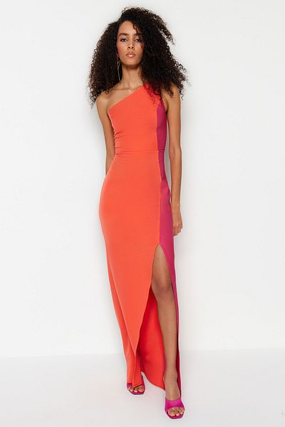 Trendyol Collection Πολύχρωμο υφαντό μακρύ βραδινό φόρεμα TPRSS23AE00200