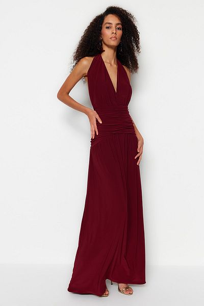 Trendyol Collection Burgunderrotes langes Abendkleid aus Strick TPRSS23AE00245