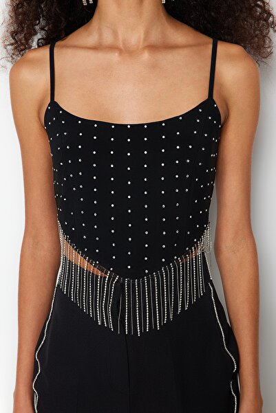 Trendyol Collection Fekete Crop Lined Kötött fényes Stone Bustier TPRSS23BS00109