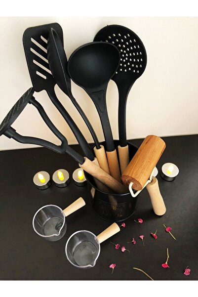 DİBA AVM Serving Set with 6 Metal Stands and Wooden Handles, 1 Roller Dough Opener Roller, 2 Mini Sauce Bowl