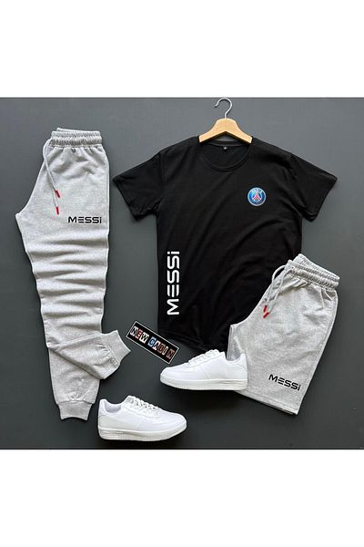NewCabin Σορτς 3 τεμαχίων Unisex-φούτερ-φούτερ Slim Fit Messi εμπριμέ σετ με συνδυασμό στο κάτω μέρος