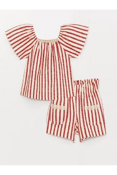 LC Waikiki Lcw Baby Square Collar Short Sleeve Striped Baby Girl Blouse and Shorts Set of 2