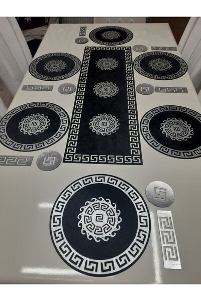 SEHARA Runner/ Suppla/amerikan Servis/sofra Sunum Seti/19 Parça Deri Işlemeli Kadife/6 Kişilik/siyah-gümüş