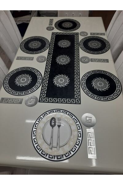 SEHARA Runner/ Suppla/amerikan Servis/sofra Sunum Seti/19 Parça Deri Işlemeli Kadife/6 Kişilik/siyah-gümüş