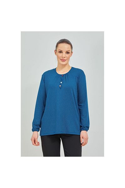 Fresh&Moda Mother Blue Polka Dot Lycra Χτενισμένη Βαμβακερή Μπλούζα - Ελαστικό μανίκι