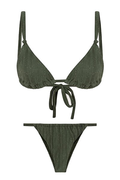 AQUELLA Блискучий комплект бікіні кольору хакі з трикутною зав'язкою та вузлом