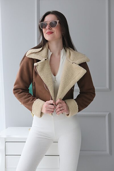 Mekafashion Peluş Kaplama Süet Crop Kaban Acı Kahve