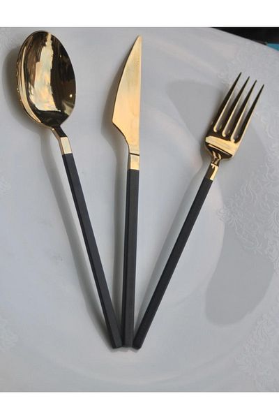 Demir Çeyiz Dmr Life Diamond 18 Piece Gold Black Fork Spoon Set (18Pcs Food)