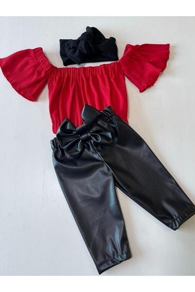 özge başaran Girl's Lycra Leather Bow Detailed Trousers, Red Strapless Crop Blouse and Headband Set.