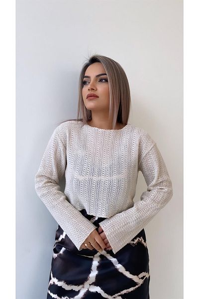SEDA FİDAN Καλοκαιρινή διάτρητη κοντή πλεκτή μπλούζα μπεζ