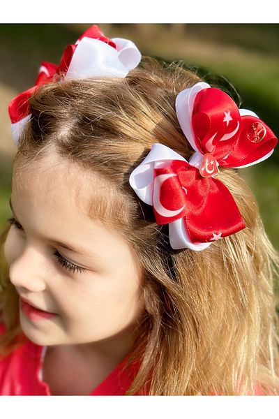 QUEEN AKSESUAR Luxury Red White 2-Piece Brooch Bow Side Buckle with Turkish Flag 23 April 19 May School Show Eid