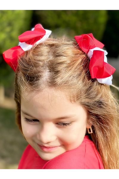 QUEEN AKSESUAR Luxury Red White 2-Piece Flower Bow Side Buckle with Turkish Flag 23 April 19 May School Show Eid
