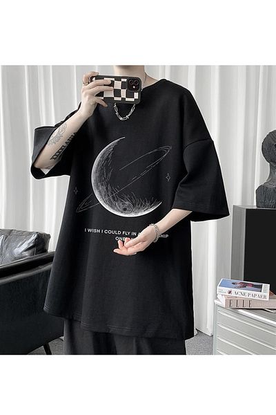 Touz Μαύρο μπλουζάκι Unisex Oversize - Daily Crescent Saturn Printed