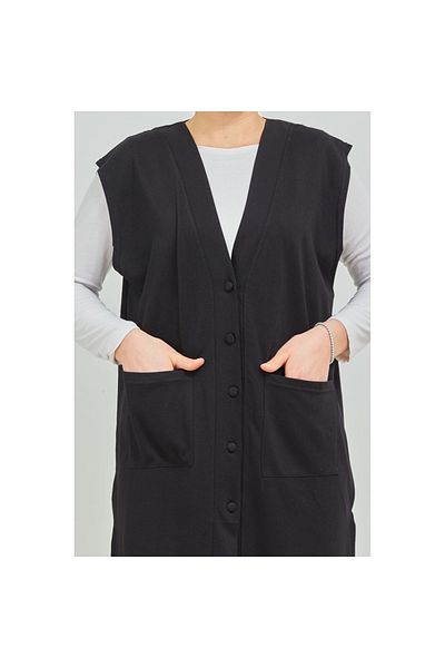 Fresh&Moda Women's Black Long Pocket Buttoned Combed Cotton Mother Plus Size Tunic Vest