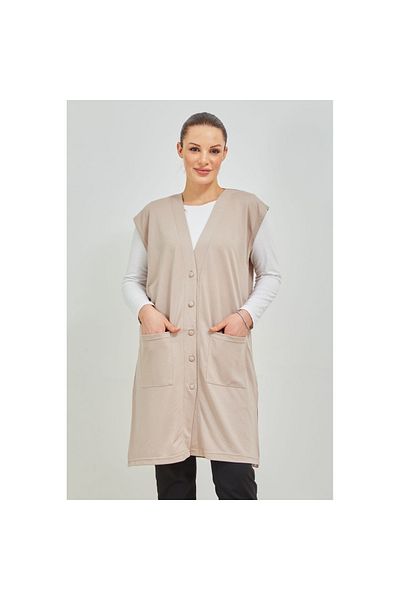 Fresh&Moda Women's Cream Long Pocket Buttoned Combed Cotton Mother Large Size Tunic Vest