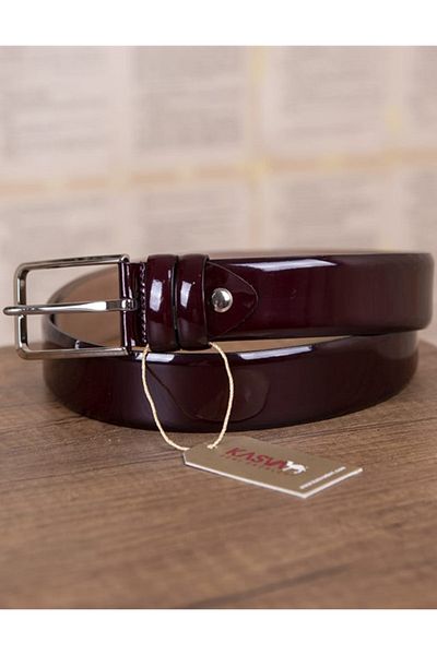 KASVA DERİ 3.5 cm Claret Red Patent Leather Original Leather Belt
