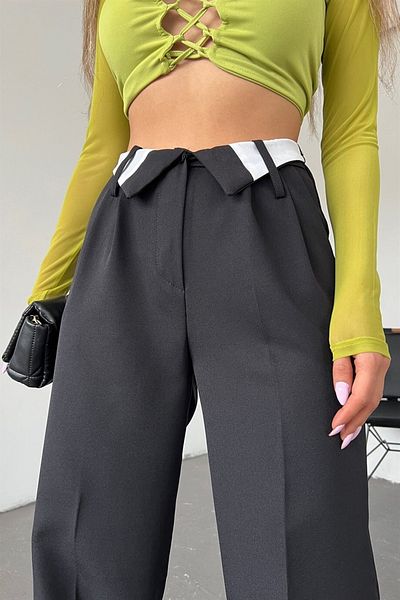 Neşeli Butik Women's Black Wide Leg Palazzo Fabric Pants Qns036
