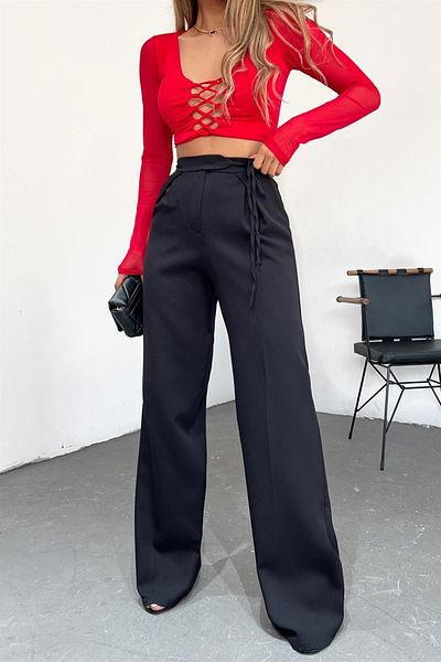 Neşeli Butik Women's Black Trousers - Tie Detailed, Qns041