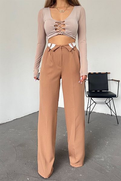 Neşeli Butik Women's Camel Wide Leg Palazzo Fabric Pants Qns036
