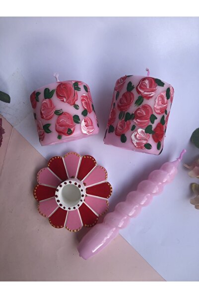 Elif Design 4’lü Blok Mum Ve Şamdan Seti / El Boyaması Desenli Mum