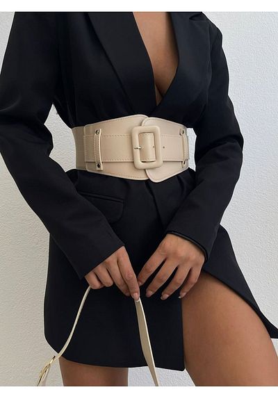 lovebox Flexible Faux Leather Beige Belt - Large Buckle, Corset Waist, Rubber Detail 1743