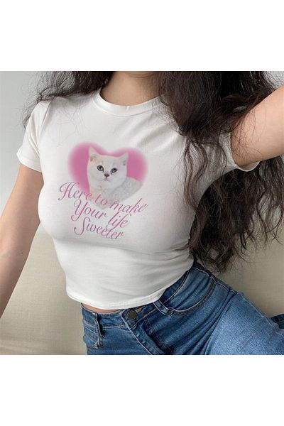 Gofeel Pretty Cat & Heart Patterned White Color Harajuku Women's Crop Blouse T-Shirt