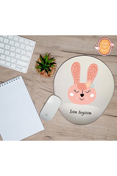 hediye kapımda Kişiye Özel Pembe Süslü Tavşan Temalı Mouse Pad Bilek Destekli