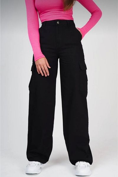 BROWSER Aisha Women's Black High Waist Cargo Pocket Denim Pants Cargo Pocket Palazzo Jeans