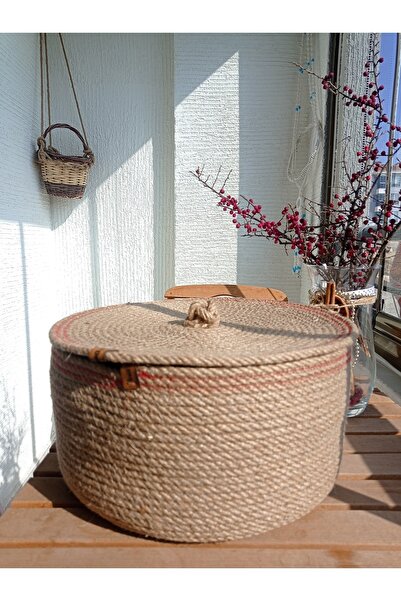 NCDSGN Çok Amaçlı El Yapımı Kapaklı Hasır Sepet, Organizer, Kırmızı Çizgili D...