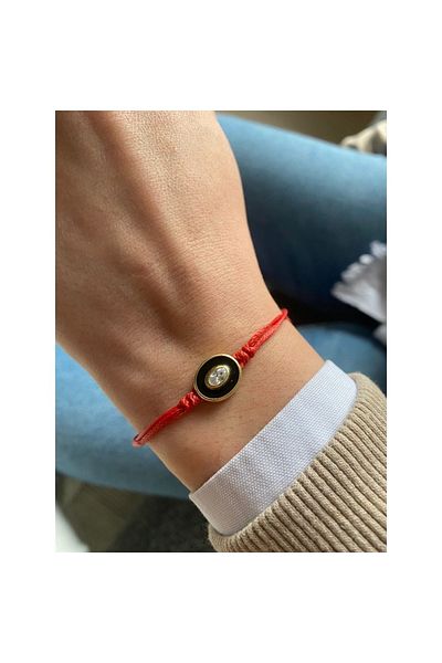Juju Black Enameled Red String Ellipse Bracelet with Stones on the Middle