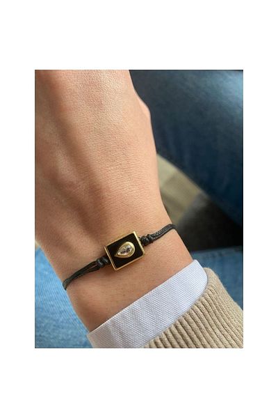 Juju Black Enamel Black String Rectangular Bracelet with Drop Stones in the Middle
