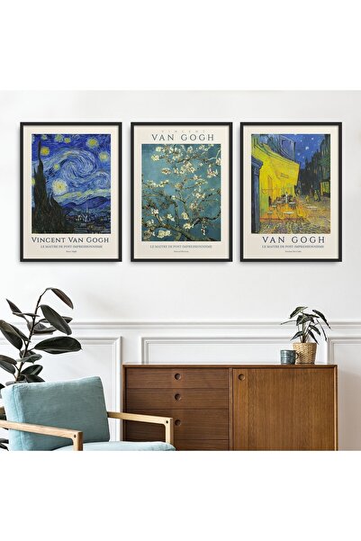 HOMEPACK 3'lü Set Doğal Ahşap Lamine Çerçeveli Klasik Eserler Soyut Vincent Van Gogh 30x40cm 40x60cm Hpn138