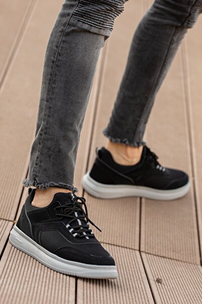 BOUIS Ανδρικά μαύρα καπνιστά καθημερινά παπούτσια με χοντρή σόλα με κορδόνια άνετα, ανθεκτικά ελαφριά παπούτσια για περπάτημα