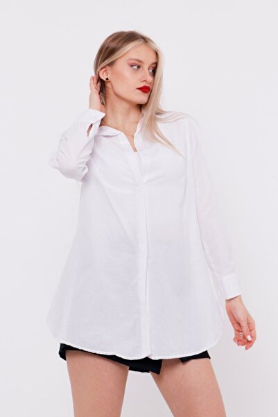 MİSS M.A.T FASHİON Boyfriend Klasik Gizli Pat Beyaz Kadın Gömlek