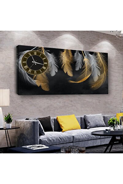 Zevahir Mobilya Dekorasyon Kanvas Siyah Arka Planlı Kahverengi Ve Beyaz Kuş Tüyleri Saatli Tablo