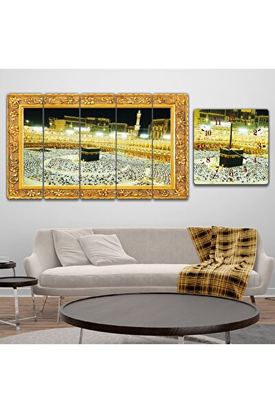 Zevahir Mobilya Dekorasyon Altılı Düz Mdf Sarı Ve Beyaz Işıklandırmalı Kabe Dini Saatli Tablo Seti