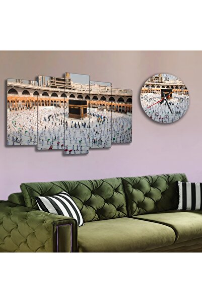 Zevahir Mobilya Dekorasyon Altılı Mdf Kabe Dini Saatli Tablo Seti