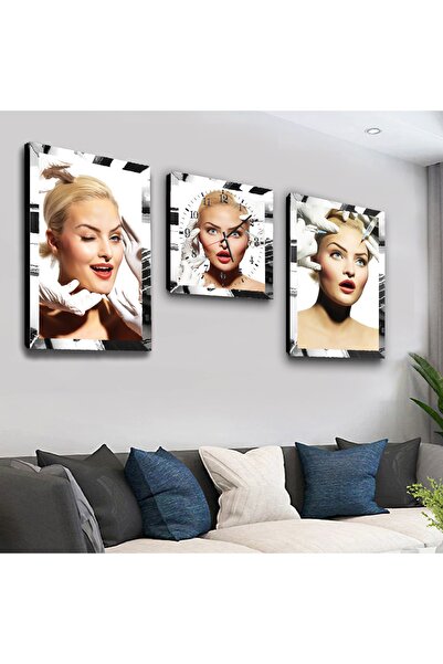 Zevahir Mobilya Dekorasyon Gümüş Aynalı Pleksi Çerçeveli Kuaför Üçlü Mdf Tablo Seti Ve Saat Seti