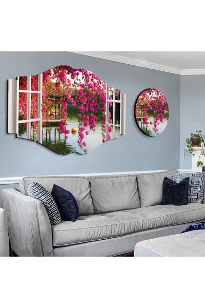 Zevahir Mobilya Dekorasyon Altılı Nirvana Mdf Pencere Pembe Çiçekli Ağaçlar Ve Göl Manzaralı Saatli Tablo Seti