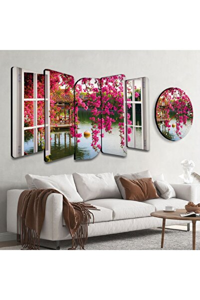 Zevahir Mobilya Dekorasyon Altılı Kelebek Mdf Pencere Pembe Çiçekli Ağaçlar Ve Göl Manzaralı Saatli Tablo Seti