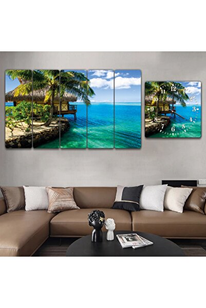 Zevahir Mobilya Dekorasyon Altılı Düz Mdf Palmiye Ağaçları Ve Plaj Manzaralı Saatli Tablo Seti