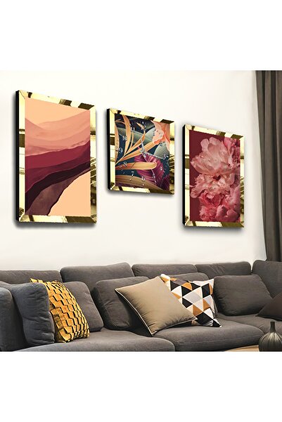 Zevahir Mobilya Dekorasyon Gold Aynalı Pleksi Çerçeveli Renkli Çiçek Üçlü Mdf Tablo Seti Ve Saat Seti