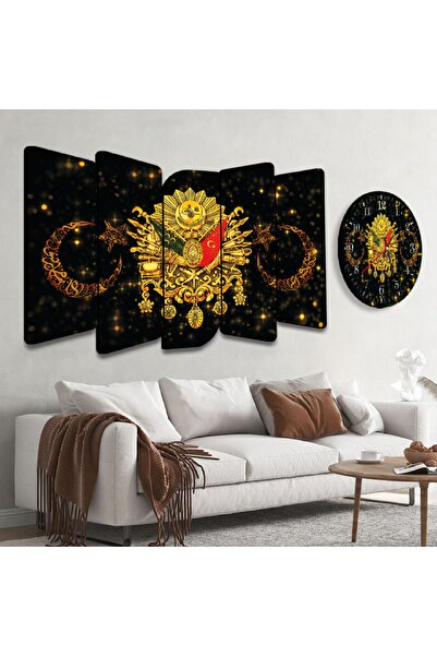 Zevahir Mobilya Dekorasyon Altılı Kelebek Mdf Siyah Üzeri Altın Pırıltılı Arka Planlı Osmanlı Tuğrası Saatli Tablo Seti