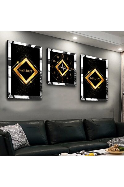 Zevahir Mobilya Dekorasyon Gümüş Aynalı Pleksi Çerçeveli Sabret Şükret Dua Et Üçlü Mdf Tablo Seti Ve Saat Seti