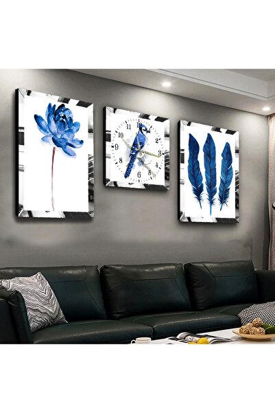 Zevahir Mobilya Dekorasyon Gümüş Aynalı Pleksi Çerçeveli Mavi Çiçek Üçlü Mdf Tablo Seti Ve Saat Seti