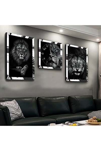 Zevahir Mobilya Dekorasyon Gümüş Aynalı Pleksi Çerçeveli Ormanlar Kralı Aslan Üçlü Mdf Tablo Seti Ve Saat Seti