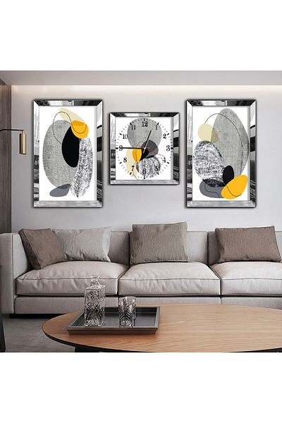 Zevahir Mobilya Dekorasyon Set de pictură din MDF triplu cu oglindă și set de ceasuri cu cadru din plexiglas cu oglindă argintie